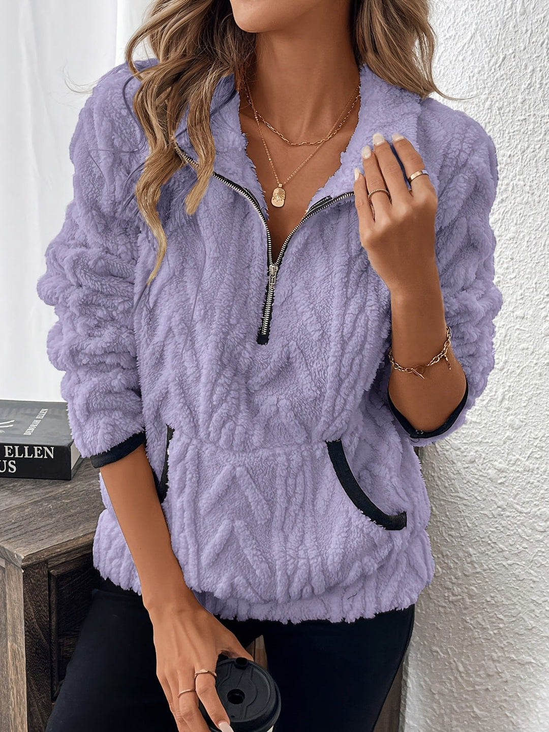 Rozalinda – Bluza z miękkiego pluszu z półzamkiem i kieszenią kangurką
