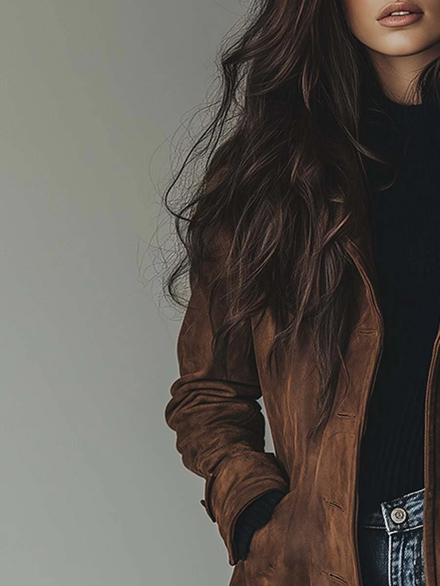Amelia - Elegancki zamszowy płaszcz typu trench