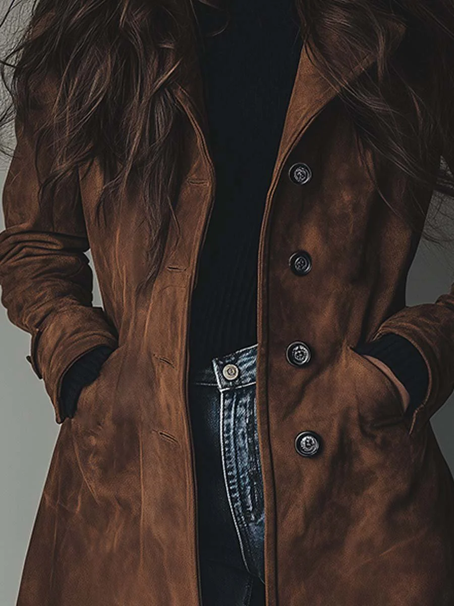 Amelia - Elegancki zamszowy płaszcz typu trench